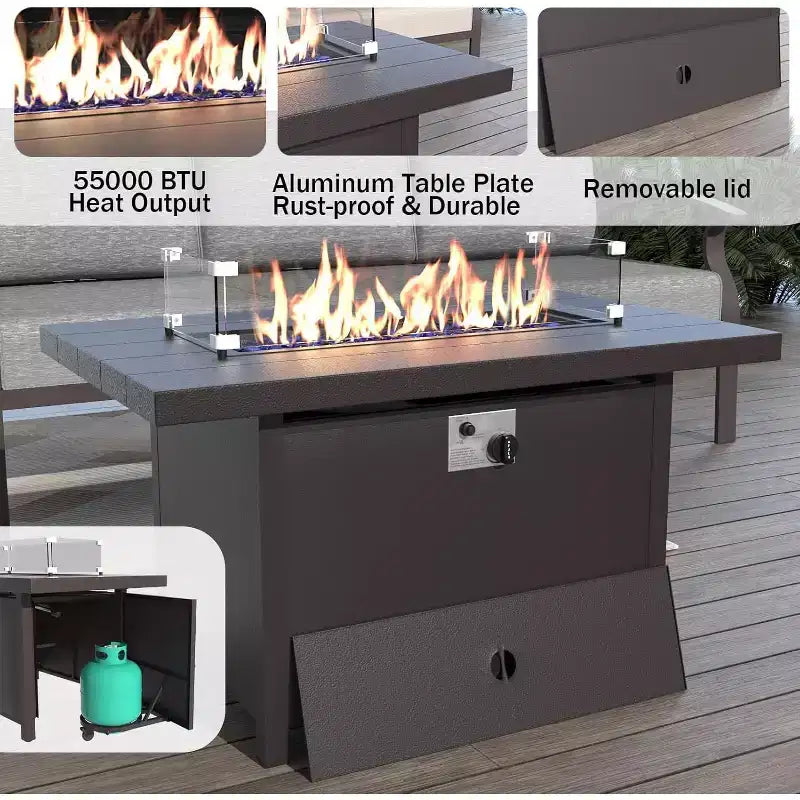 Ensemble de meubles de patio en aluminium ALAULM avec table de foyer au propane 10 places, meubles d'extérieur en métal, gris