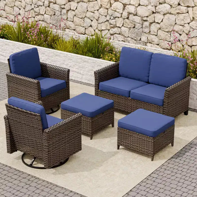 EAGLE PEAK Ocean Vista Ensemble de conversation 5 pièces en osier brun varié pour patio avec fauteuils pivotants et causeuse