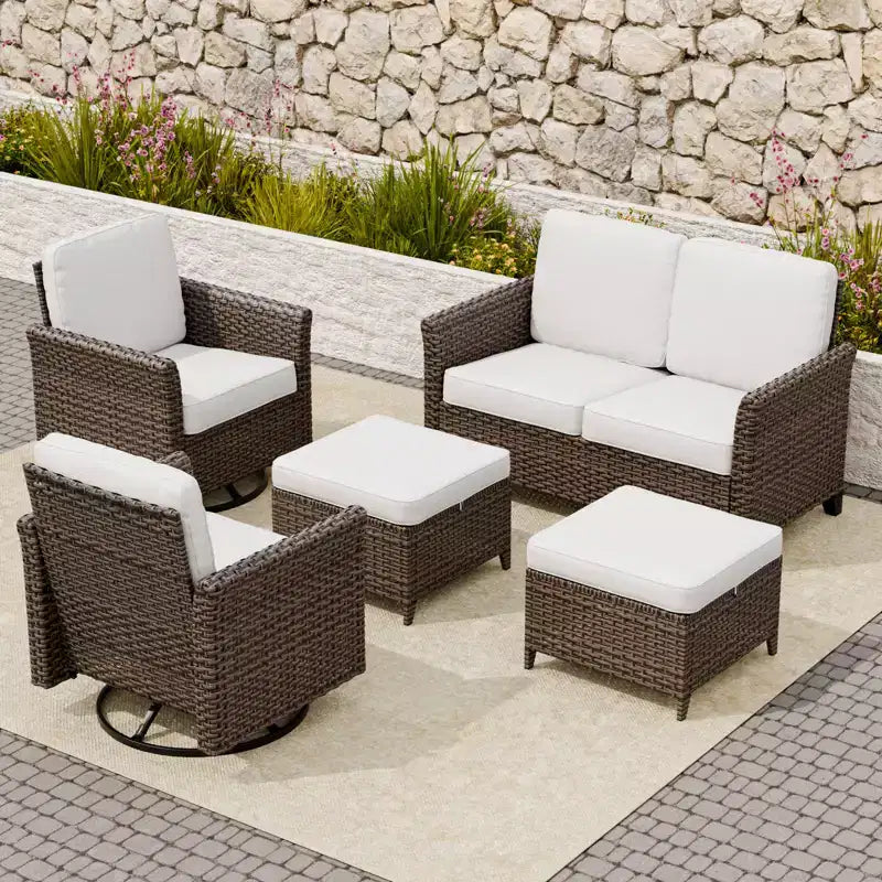 EAGLE PEAK Ocean Vista Ensemble de conversation 5 pièces en osier brun varié pour patio avec fauteuils pivotants et causeuse