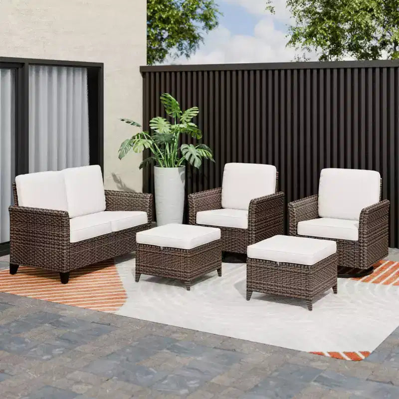 EAGLE PEAK Ocean Vista 5 piece Patio Variated Brown Wicker Conversation Set Swivel Chairs, Loveseat