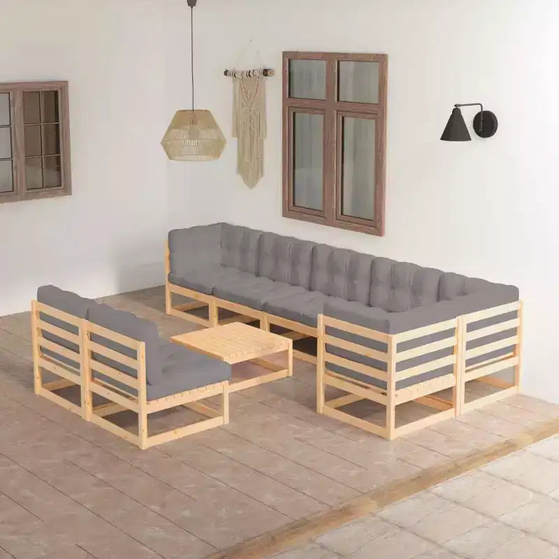 vidaXL Salon de Jardin 9 pcs Meubles de Jardin Canapé d'angle Extérieur Bois de Pin Massif - Naturel avec Coussins