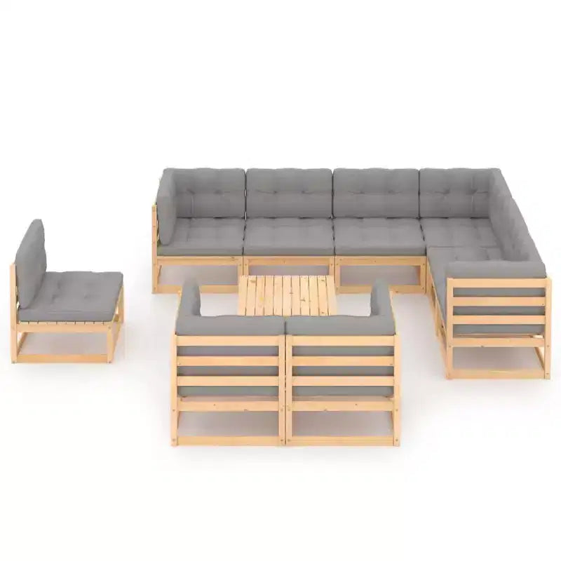 vidaXL Salon de jardin 10 pièces Canapé sectionnel extérieur Bois de pin massif - Naturel avec coussins
