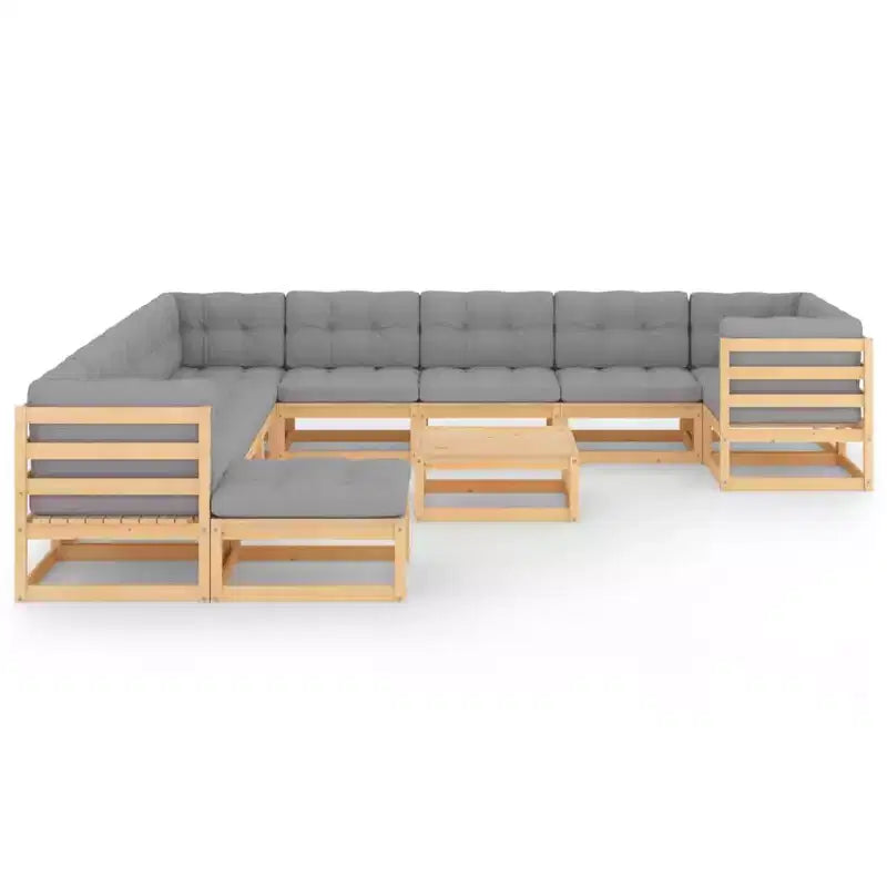 vidaXL Salon de jardin 12 pièces Extérieur Canapé sectionnel Bois de pin massif - Naturel avec coussins