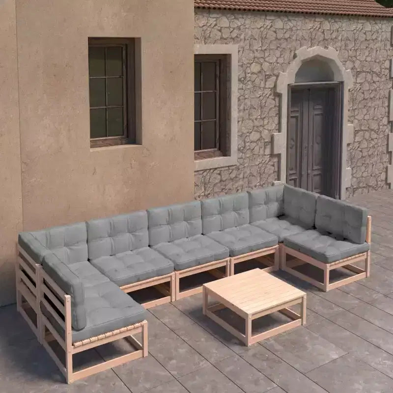 vidaXL Salon de jardin 8 pcs Extérieur Canapé modulable Bois massif Pin - Naturel avec coussin