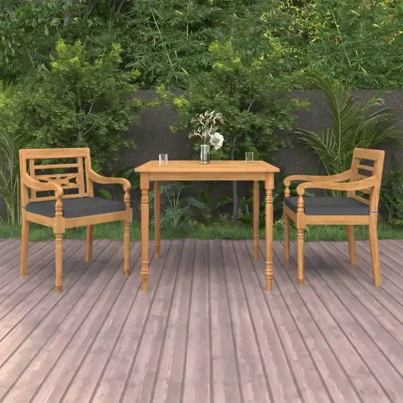 vidaXL Salon de jardin – Ensemble de patio 3 pièces, bois de teck massif, table carrée, style rétro, chaises rembourrées, coussins gris foncé