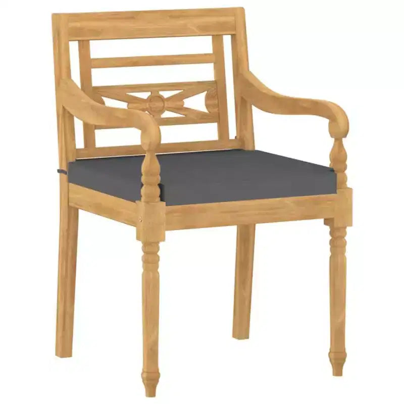 vidaXL Salon de jardin – Ensemble de patio 3 pièces, bois de teck massif, table carrée, style rétro, chaises rembourrées, coussins gris foncé
