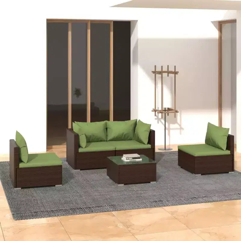 vidaXL Salon de jardin modulable avec cadre en acier thermolaqué, rotin PE résistant à l'eau et coussins - Marron et vert