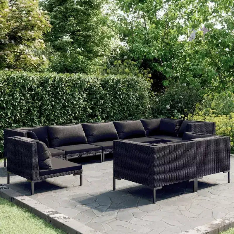 vidaXL Salon de jardin 9 pcs avec coussins résine tressée rond gris foncé