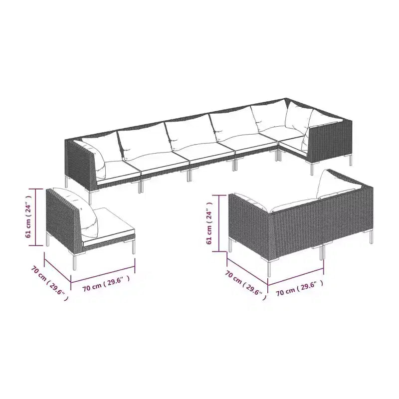 vidaXL Salon de jardin 9 pcs avec coussins résine tressée rond gris foncé