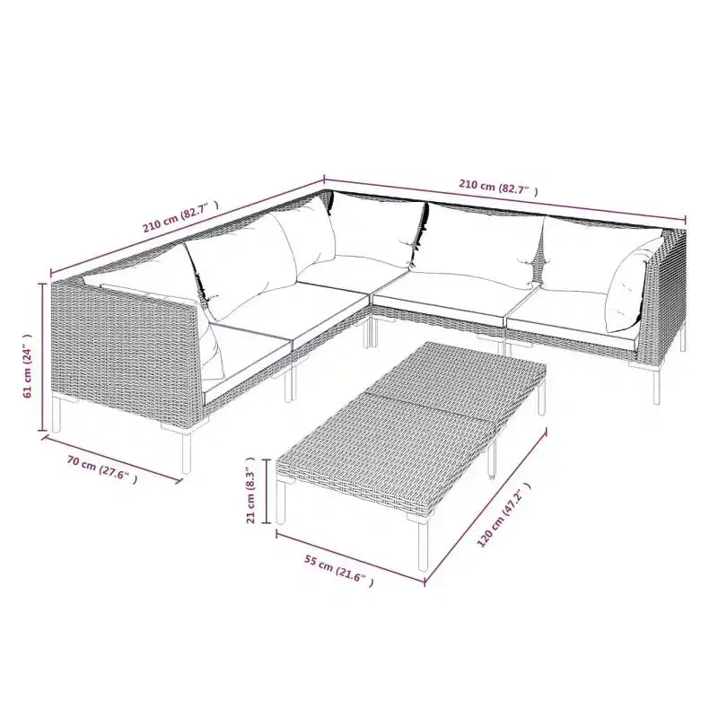 vidaXL Salon de jardin modulaire avec table, Résine tressée, Gris foncé