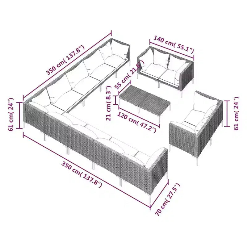 vidaXL Salon de jardin 14 pièces en résine tressée gris foncé avec coussins pour jardin/patio/terrasse