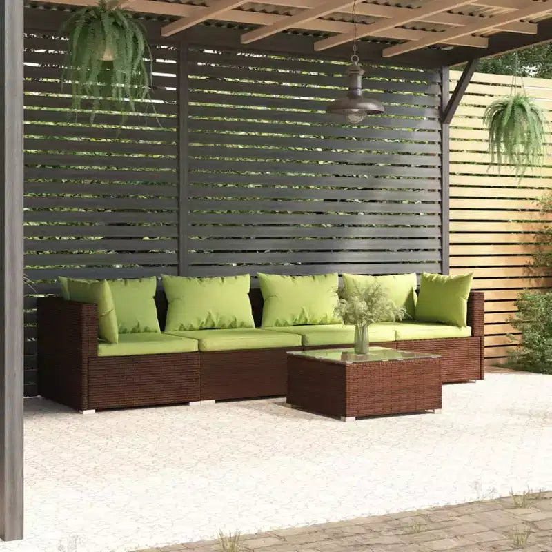 vidaXL Mobilier de jardin marron - Coussins verts - 4 places avec table