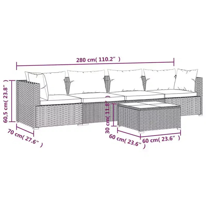 vidaXL Mobilier de jardin marron - Coussins verts - 4 places avec table