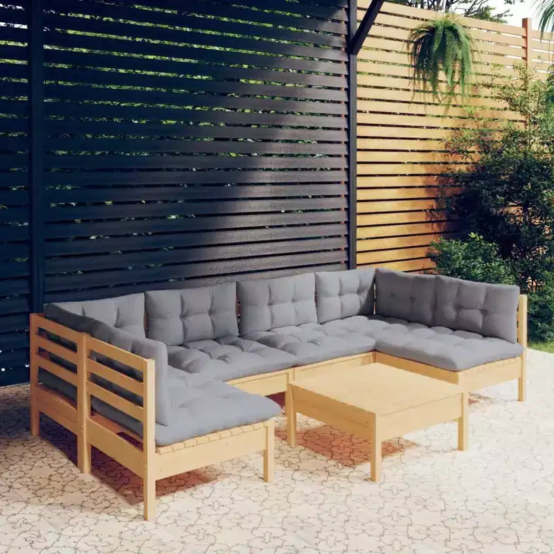 vidaXL Salon de jardin 7 pièces en pin massif avec coussins - Marron et gris