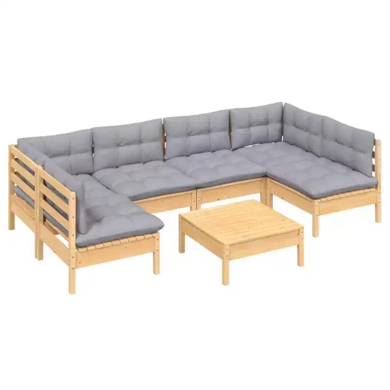 vidaXL Salon de jardin 7 pièces en pin massif avec coussins - Marron et gris