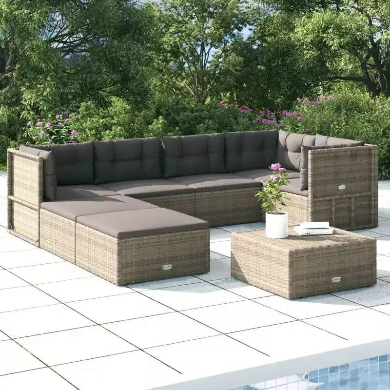 vidaXL - Ensemble de mobilier de jardin 7 pièces - Canapé modulable d'angle en résine tressée grise avec coussins - Salon de jardin modulable - Sièges réglables