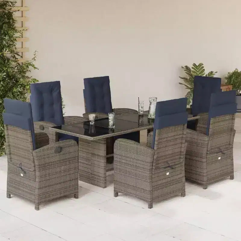 vidaXL Salon de jardin 7 pcs en résine tressée gris avec coussins bleu marine - Chaises inclinables réglables et plateau de table en verre trempé pour jardin/extérieur/balcon