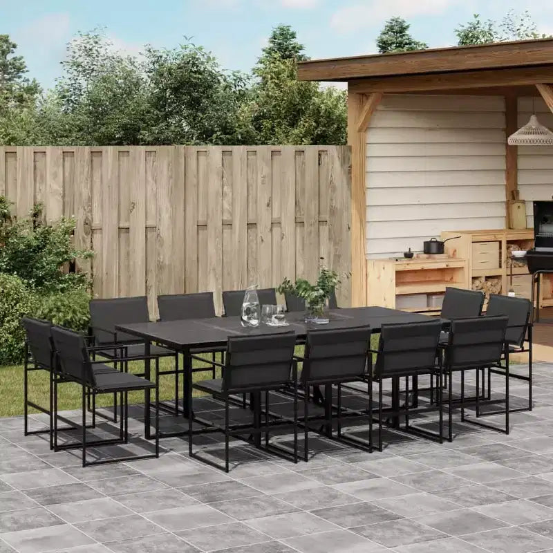 vidaXL Salon de jardin avec coussins 13 pcs Texaline noire - Chaises pliables peu encombrantes, Résistant aux UV, Table en verre trempé