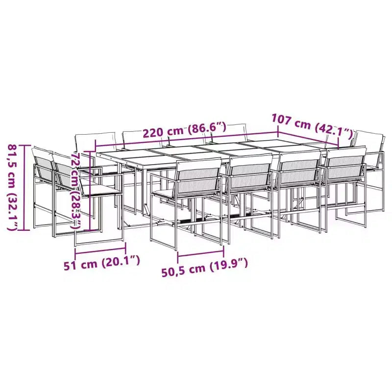 vidaXL Salon de jardin avec coussins 13 pcs Texaline noire - Chaises pliables peu encombrantes, Résistant aux UV, Table en verre trempé