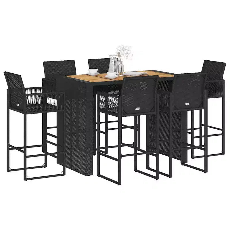 vidaXL Ensemble de bar d'extérieur 7 pièces noir - Poly rotin et acacia résistants aux intempéries avec tabourets