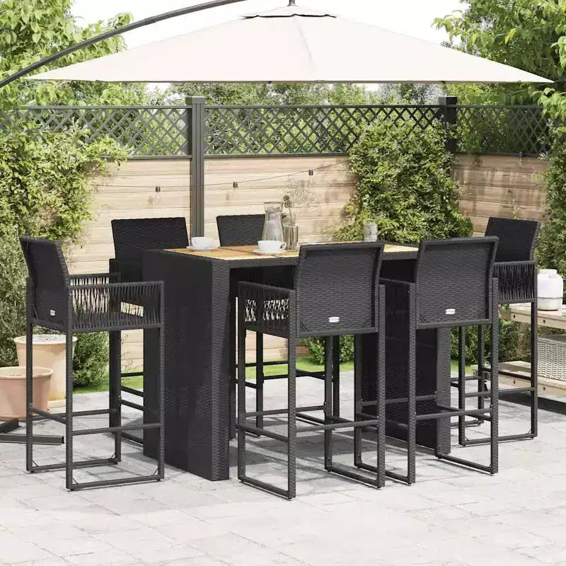 vidaXL Ensemble de bar d'extérieur 7 pièces noir - Poly rotin et acacia résistants aux intempéries avec tabourets