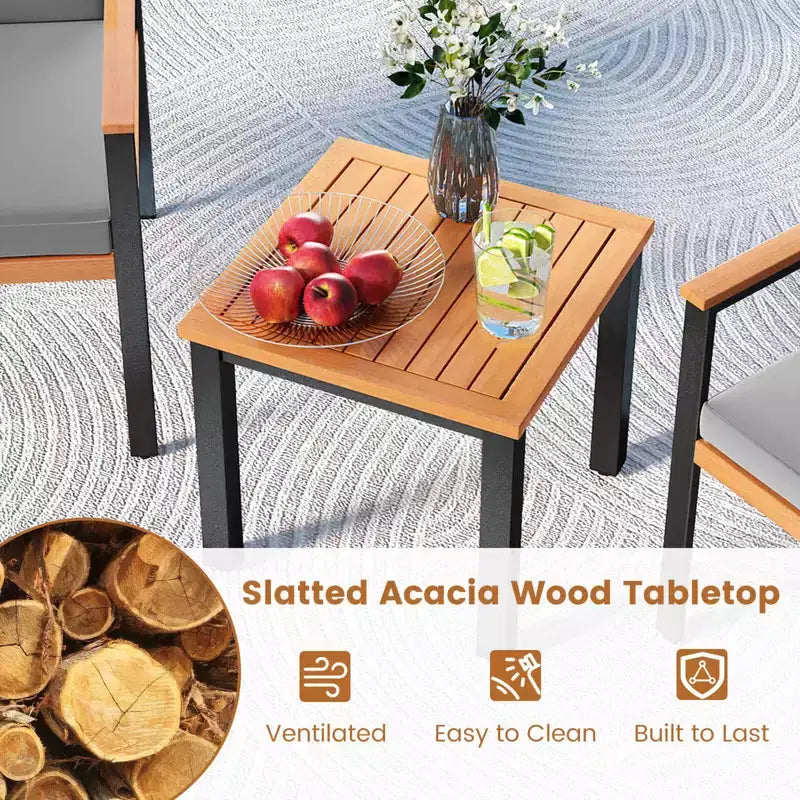 Ensemble de mobilier de patio Costway 3 pièces avec table basse, coussins amovibles, accoudoirs en bois d'acacia Noir/Gris