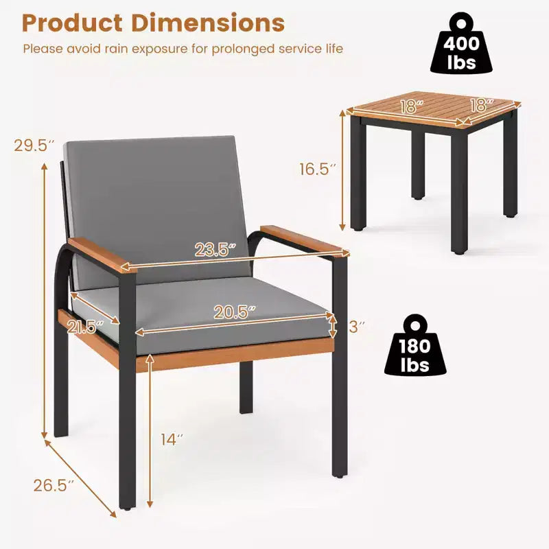 Ensemble de mobilier de patio Costway 3 pièces avec table basse, coussins amovibles, accoudoirs en bois d'acacia Noir/Gris