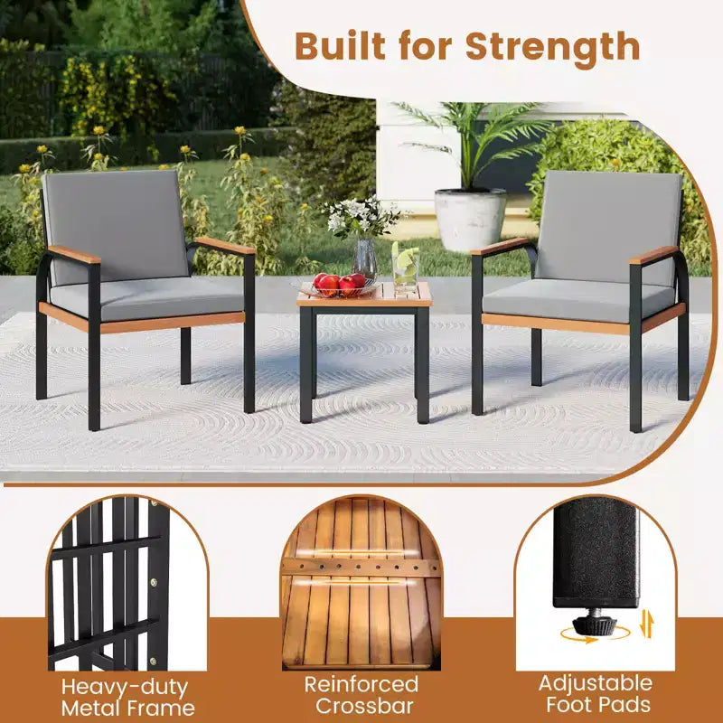 Ensemble de mobilier de patio Costway 3 pièces avec table basse, coussins amovibles, accoudoirs en bois d'acacia Noir/Gris