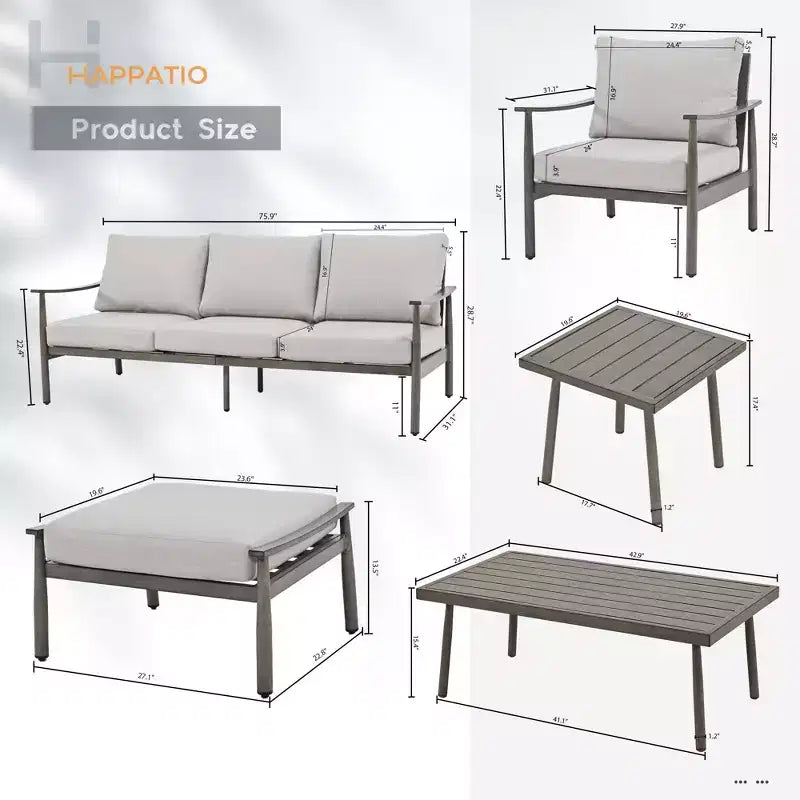 HAPPATIO Ensemble de conversation d'extérieur 7 pièces en aluminium comprenant 1 canapé trois places, 1 table basse, 1 table d'appoint, 2 fauteuils et 2 poufs