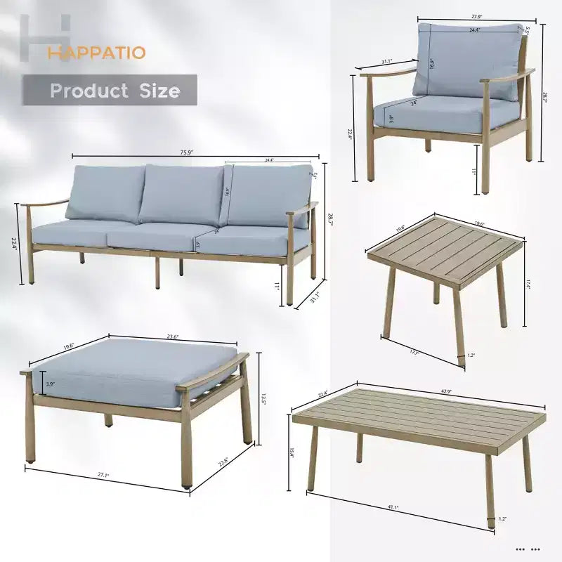 HAPPATIO Ensemble de conversation d'extérieur 7 pièces en aluminium comprenant 1 canapé trois places, 1 table basse, 1 table d'appoint, 2 fauteuils et 2 poufs