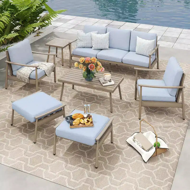 HAPPATIO Ensemble de conversation d'extérieur 7 pièces en aluminium comprenant 1 canapé trois places, 1 table basse, 1 table d'appoint, 2 fauteuils et 2 poufs
