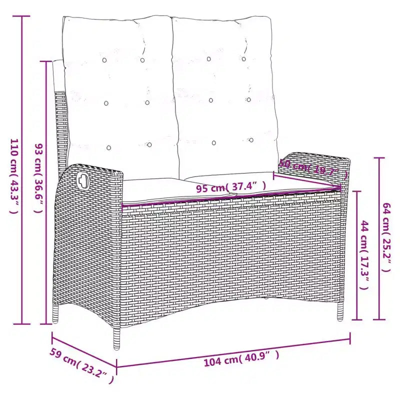 vidaXL Ensemble de salle à manger d'extérieur avec coussins - 2 pièces, rotin synthétique noir, table de jardin et banc inclinable