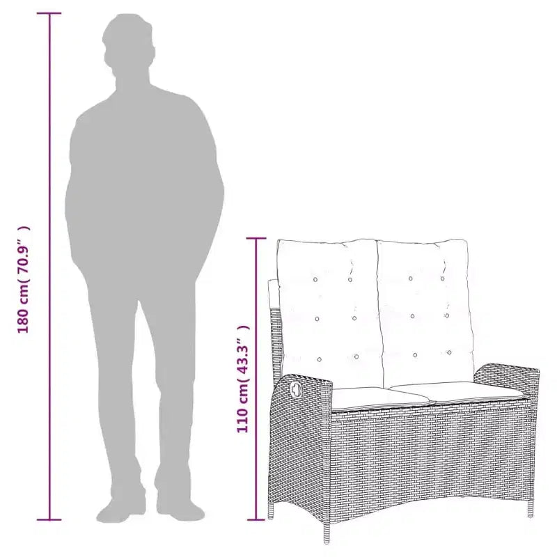 vidaXL Ensemble de salle à manger d'extérieur avec coussins - 2 pièces, rotin synthétique noir, table de jardin et banc inclinable