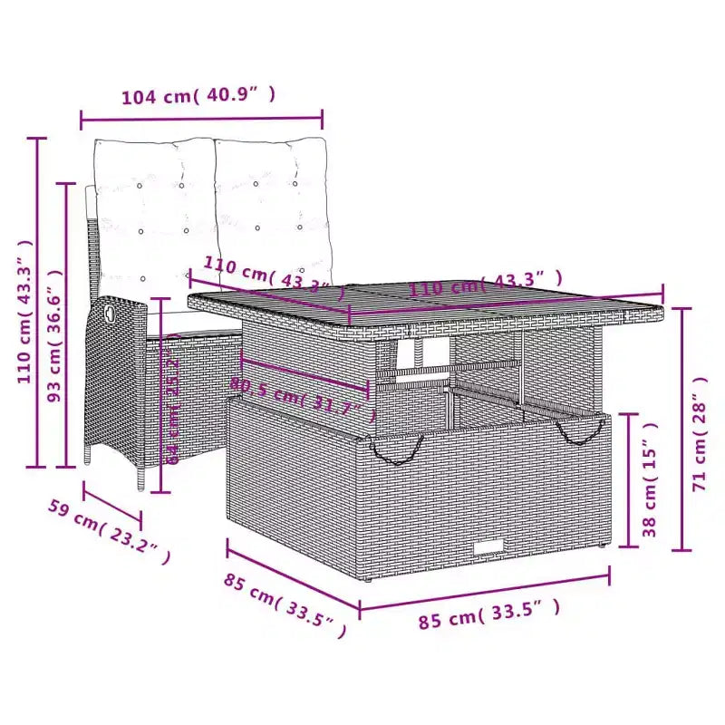 vidaXL Ensemble de salle à manger d'extérieur avec coussins - 2 pièces, rotin synthétique noir, table de jardin et banc inclinable
