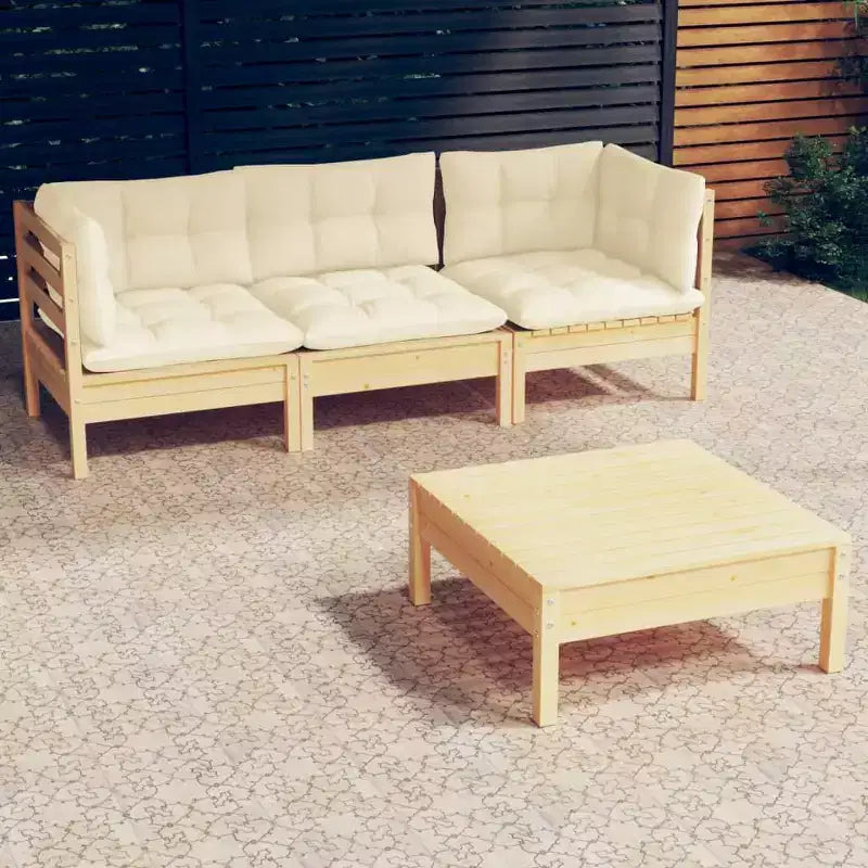 vidaXL Ensemble de salon de jardin 4 pièces en pin massif avec coussins crème - Marron et crème
