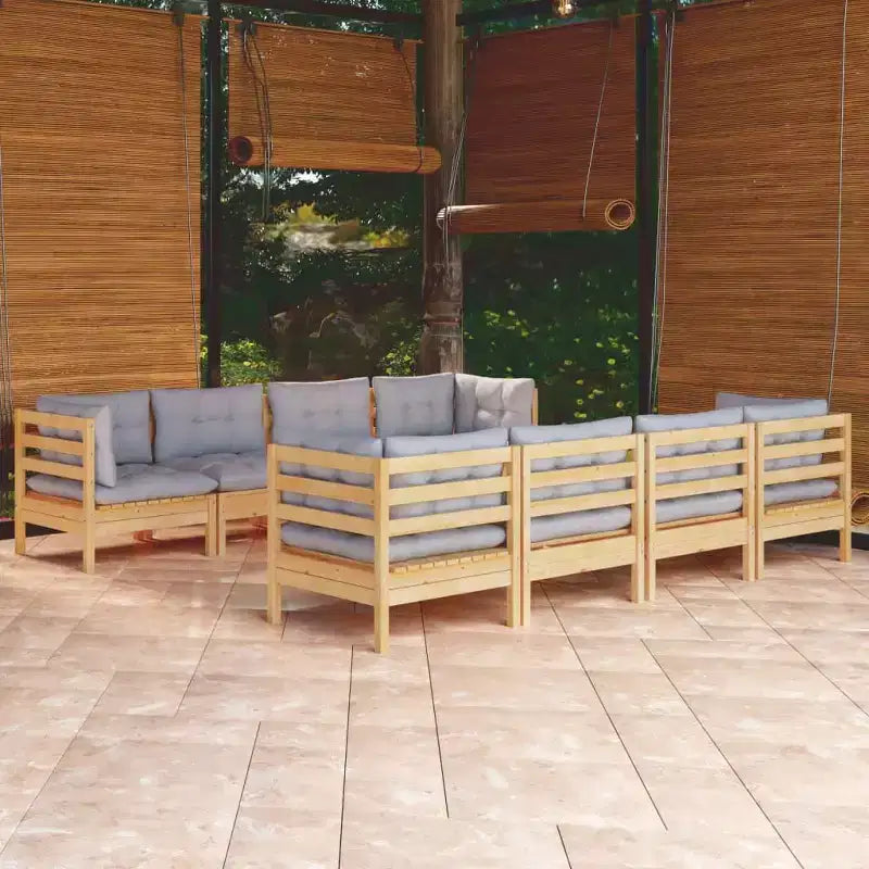 vidaXL Salon de jardin 9 pièces en pin massif avec coussins - Marron et gris