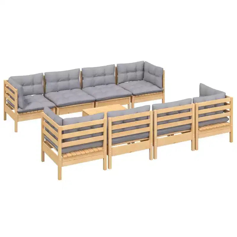 vidaXL Salon de jardin 9 pièces en pin massif avec coussins - Marron et gris