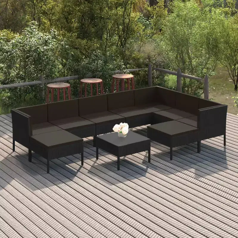 vidaXL Salon de jardin 10 pièces en résine tressée avec coussins et table – Résistant aux intempéries, facile à nettoyer, Noir
