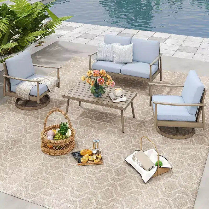 HAPPATIO Ensemble de mobilier de jardin 4 pièces avec table basse, fauteuils pivotants et causeuse en aluminium, pour patio, terrasse ou bord de piscine