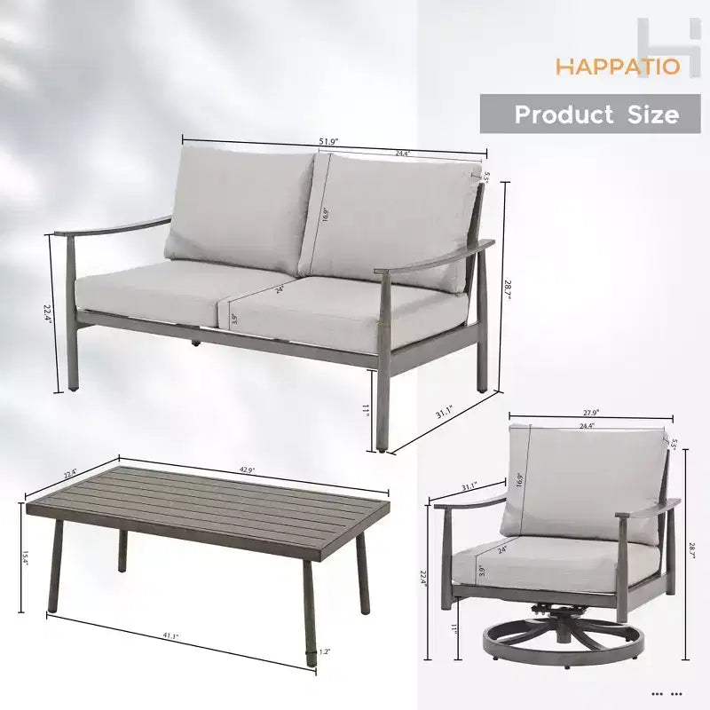 HAPPATIO Ensemble de mobilier de jardin 4 pièces avec table basse, fauteuils pivotants et causeuse en aluminium, pour patio, terrasse ou bord de piscine