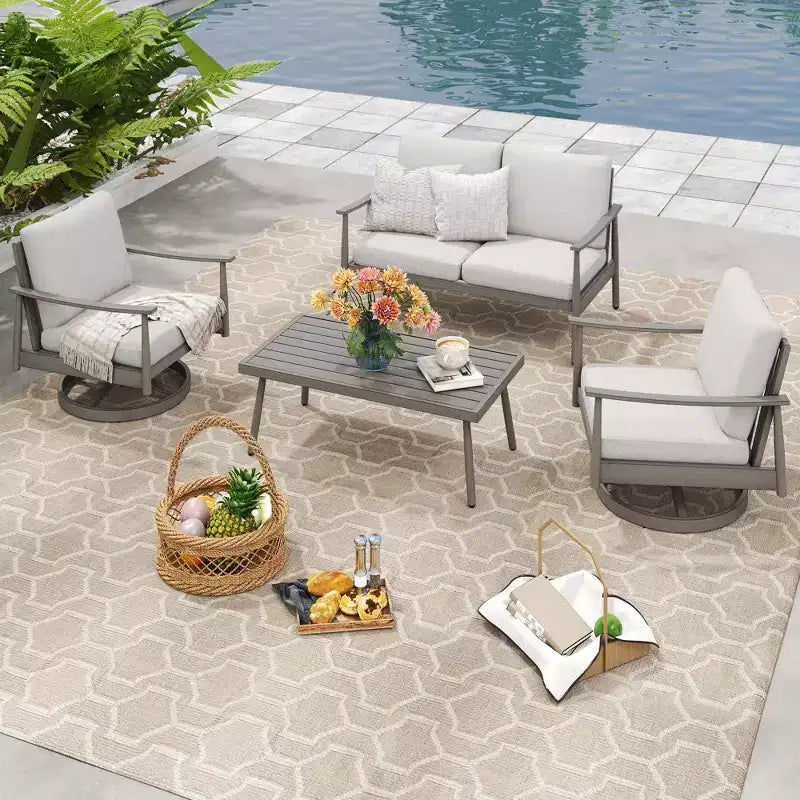 HAPPATIO Ensemble de mobilier de jardin 4 pièces avec table basse, fauteuils pivotants et causeuse en aluminium, pour patio, terrasse ou bord de piscine