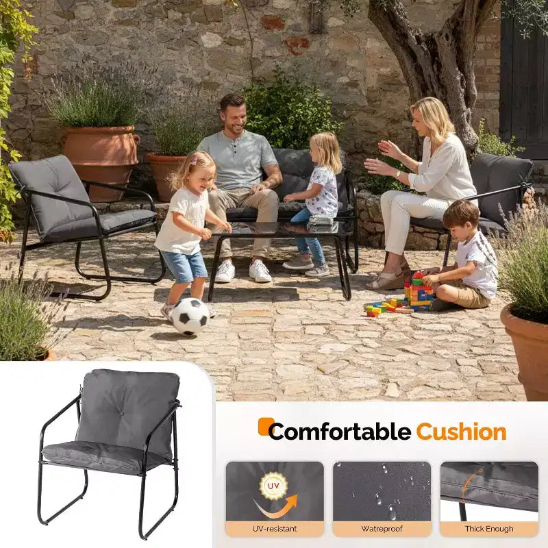 VINGLI Ensemble de conversation de terrasse 4 pièces, ensemble de meubles d'extérieur avec table basse en verre et coussin confortable, gris