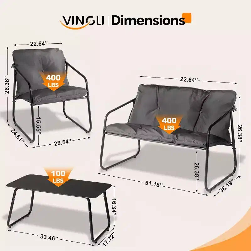 VINGLI Ensemble de conversation de terrasse 4 pièces, ensemble de meubles d'extérieur avec table basse en verre et coussin confortable, gris