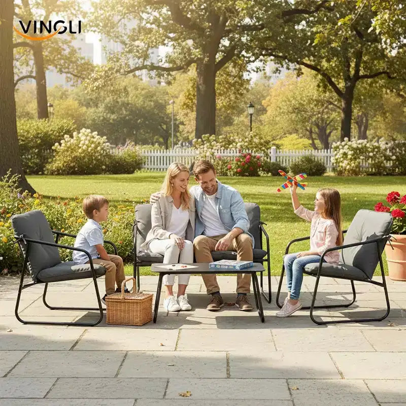 VINGLI Ensemble de conversation de terrasse 4 pièces, ensemble de meubles d'extérieur avec table basse en verre et coussin confortable, gris
