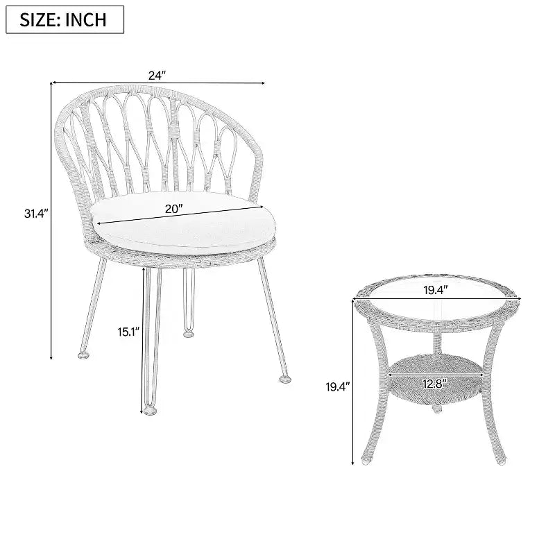 JVNOXK-Ensemble de Loisirs d'extérieur, 2 Chaises Simples en Rotin avec Table Ronde en Verre, Parfaitement Adapté aux Patios, Balcons et Cours