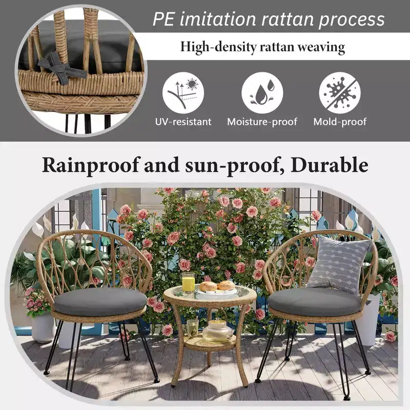 JVNOXK-Ensemble de Loisirs d'extérieur, 2 Chaises Simples en Rotin avec Table Ronde en Verre, Parfaitement Adapté aux Patios, Balcons et Cours