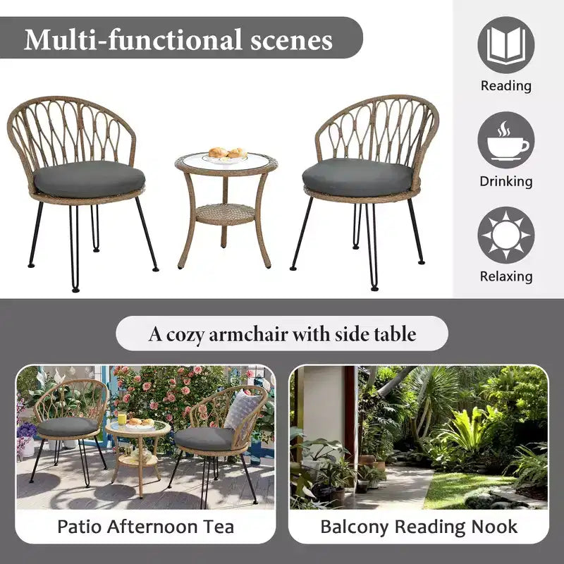 JVNOXK-Ensemble de Loisirs d'extérieur, 2 Chaises Simples en Rotin avec Table Ronde en Verre, Parfaitement Adapté aux Patios, Balcons et Cours