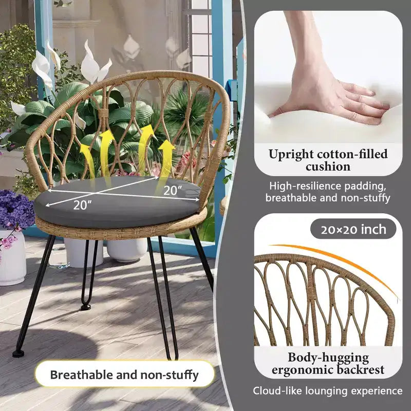 JVNOXK-Ensemble de Loisirs d'extérieur, 2 Chaises Simples en Rotin avec Table Ronde en Verre, Parfaitement Adapté aux Patios, Balcons et Cours