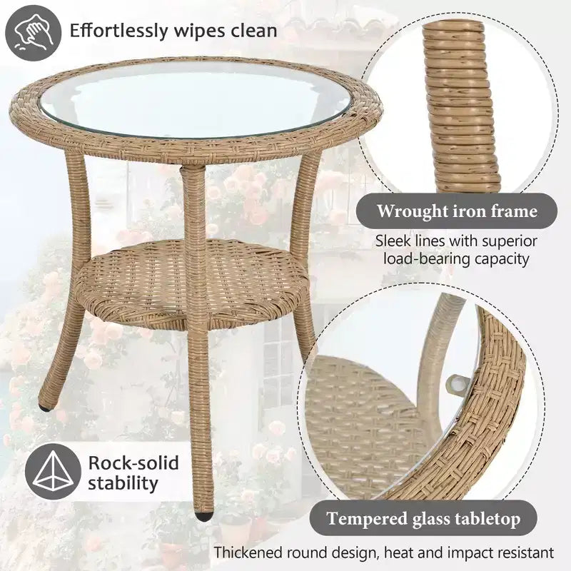 JVNOXK-Ensemble de Loisirs d'extérieur, 2 Chaises Simples en Rotin avec Table Ronde en Verre, Parfaitement Adapté aux Patios, Balcons et Cours