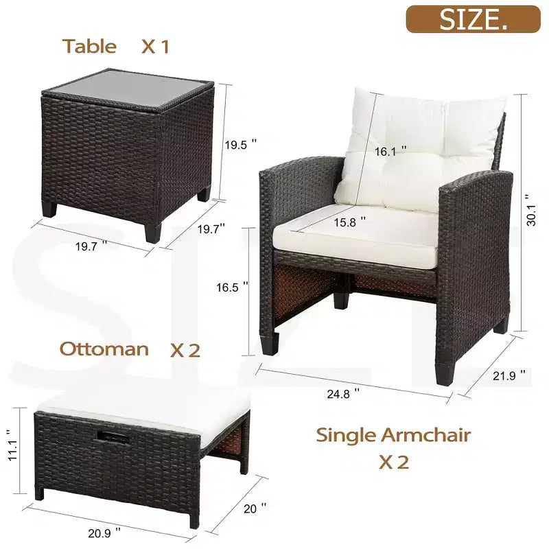 Celebalcony Ensemble de mobilier de jardin 5 pièces, 2 chaises de patio en rotin d'osier PE avec coussins, poufs et table en verre pour porche, jardin, blanc cassé